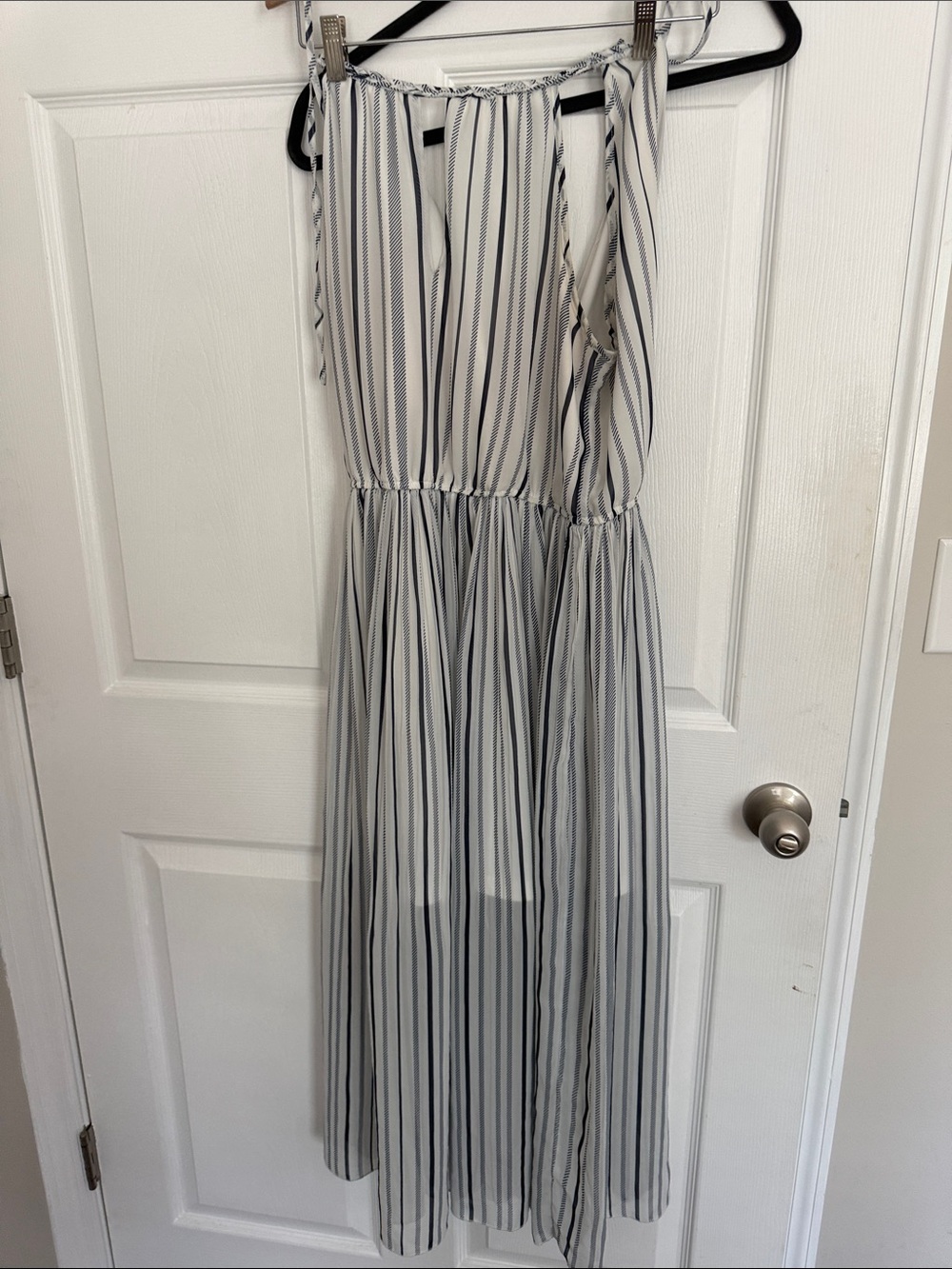 Maison Jules White Maxi Dress with Navy Vertical Stripes